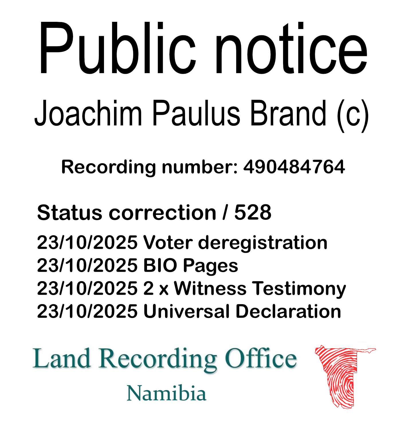 Public notice Joachim Paulus Brand Recording number 490484764